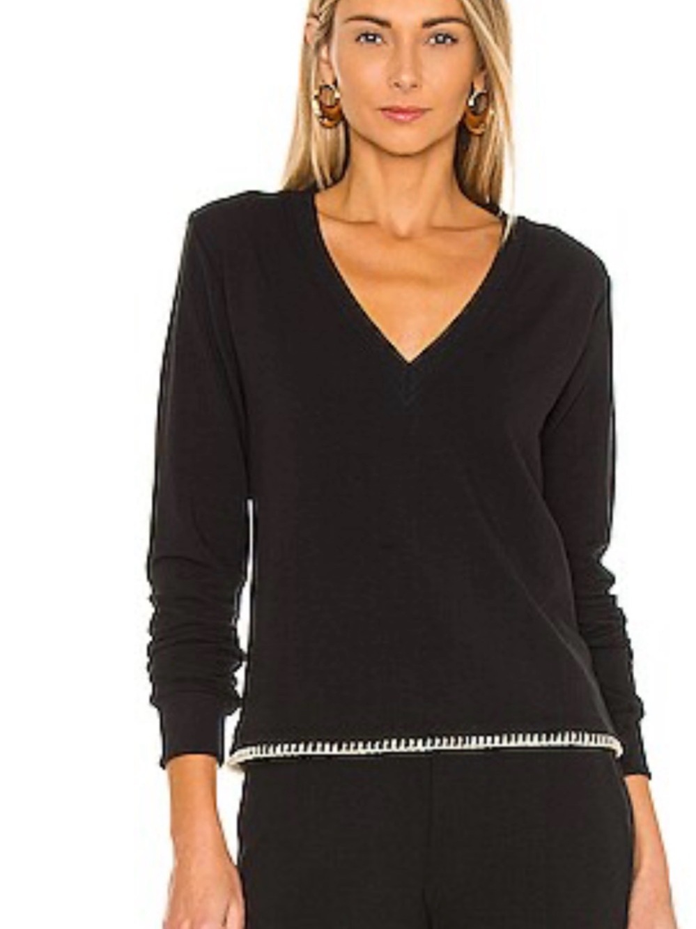 L'AGENCE Black V-Neck Sweater with White Contrast Hem